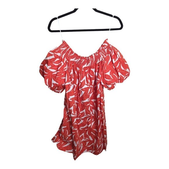 Whit Two Anthro Women"s Dress Small Red Banana Leaf Off Shoulder Smocked Poplin - Picture 4 of 10